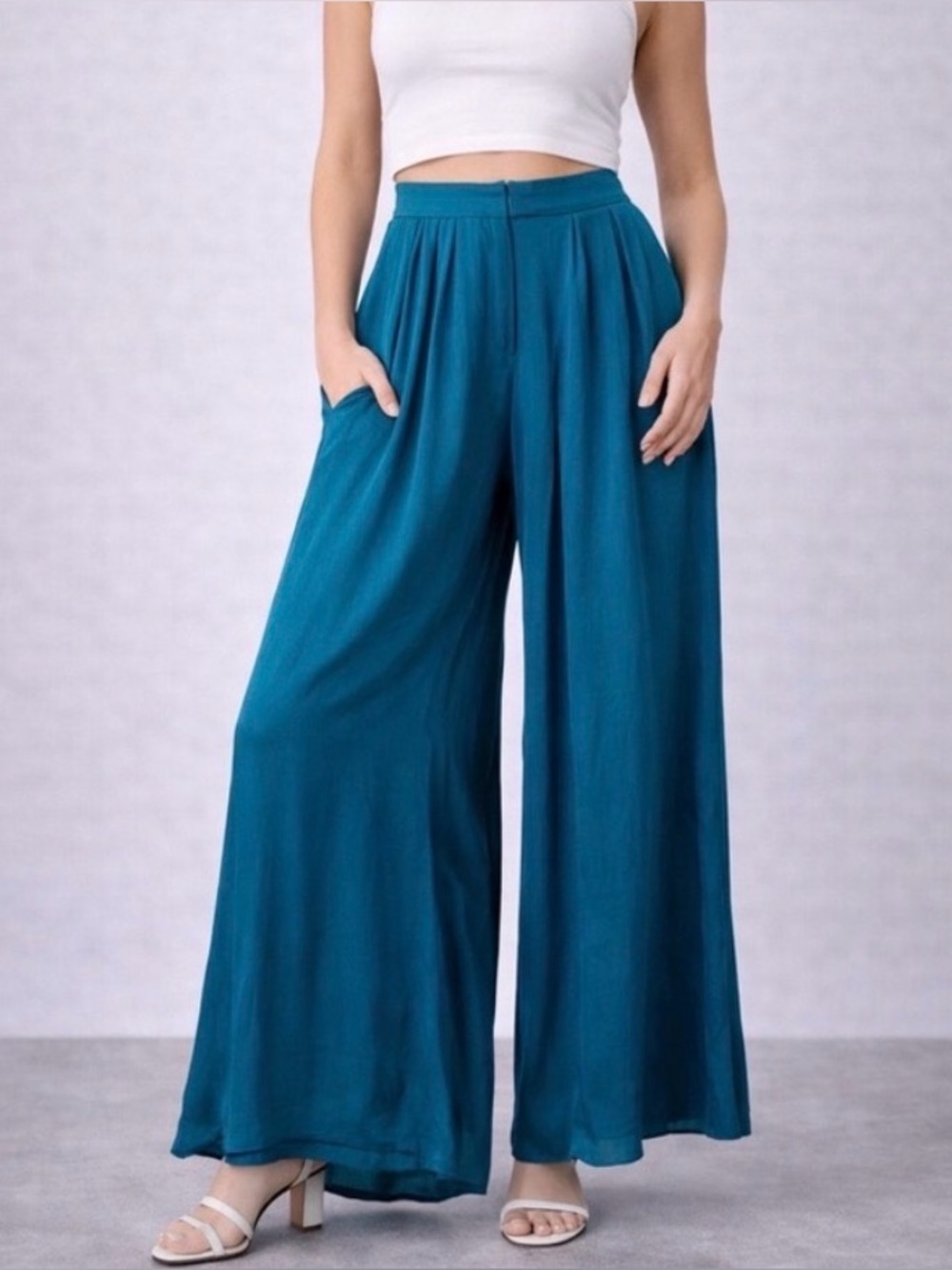 Anthropologie Elevenses Teal Silk Palazzo Pants Wide Leg Size 4